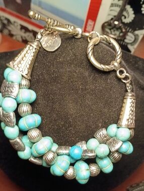 Turquoise Beaded Silver-Accent Toggle Bracelet - Unbranded